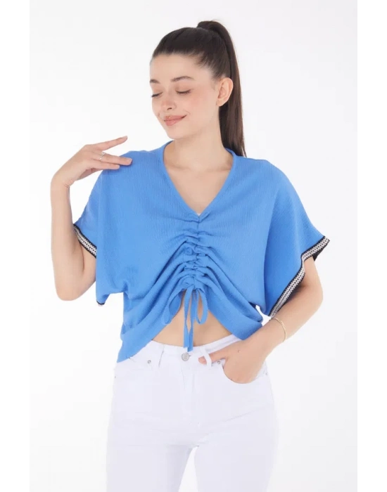 V yaka büzgülü detaylı bluz