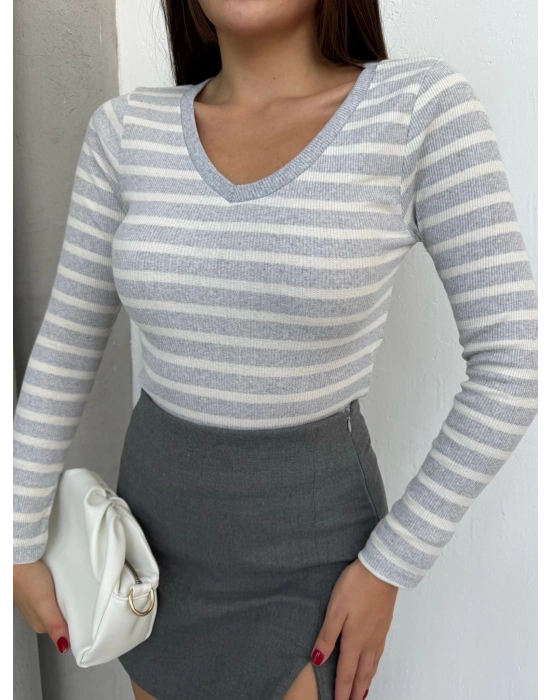 V yaka çizgili bluz gri A3699