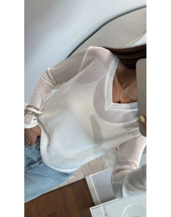 V Yaka uzun Kollu Triko ince Bluz - Beyaz