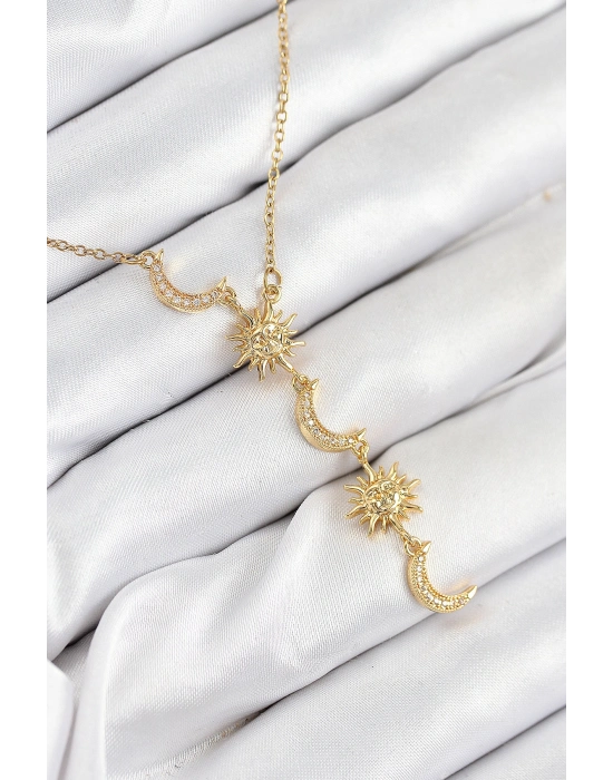 316L Çelik Zirkon Taşlı Güneş Ve Ay Model Gold Renk Kadın Kolye