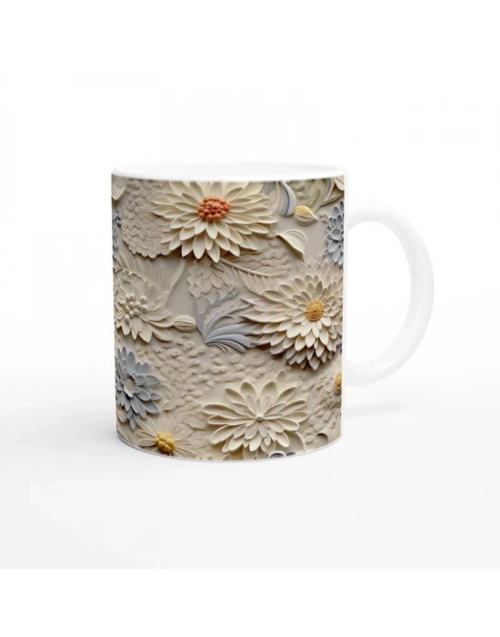 Vanilya ve Buz Grisi Rölyef Çiçek Desenli Kupa Bardak