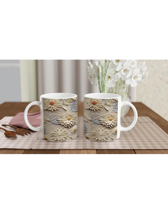 Vanilya ve Buz Grisi Rölyef Çiçek Desenli Kupa Bardak