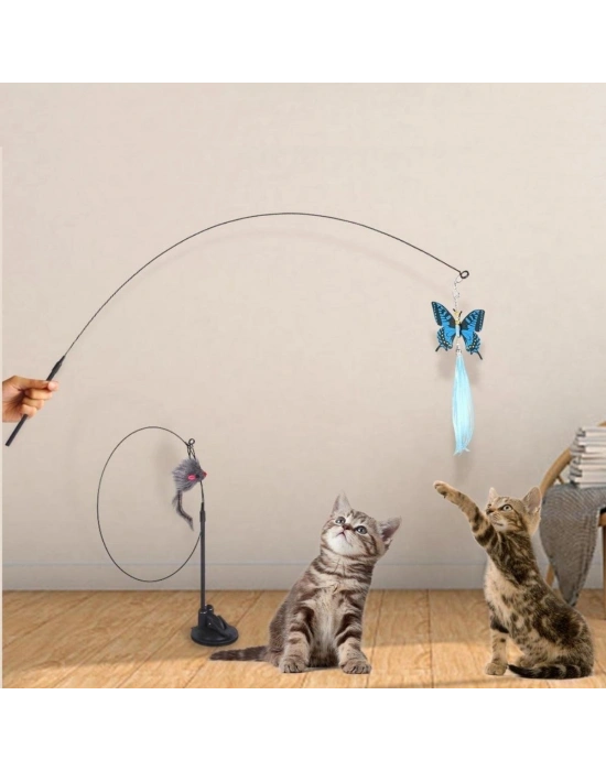 ®  Vantuzlu Tüylü Zilli Olta Kedi Oyuncağı 2 Oltalı