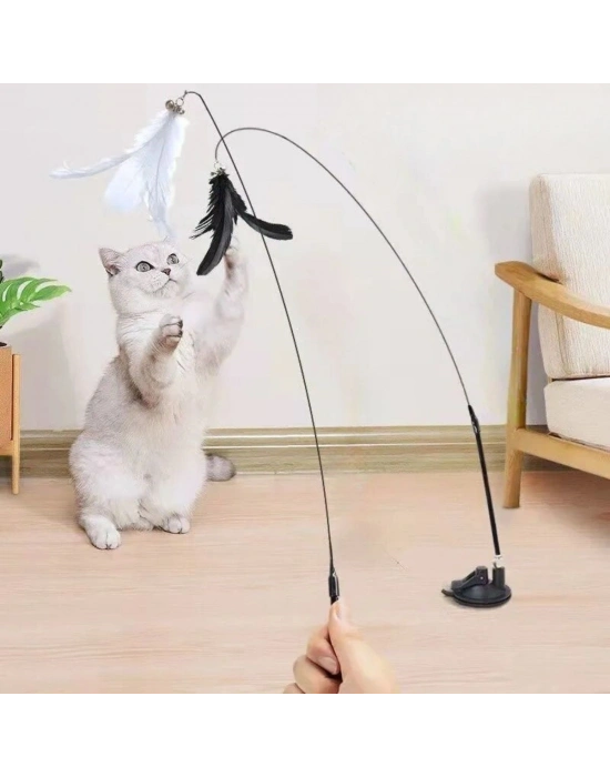 ®  Vantuzlu Tüylü Zilli Olta Kedi Oyuncağı 2 Oltalı