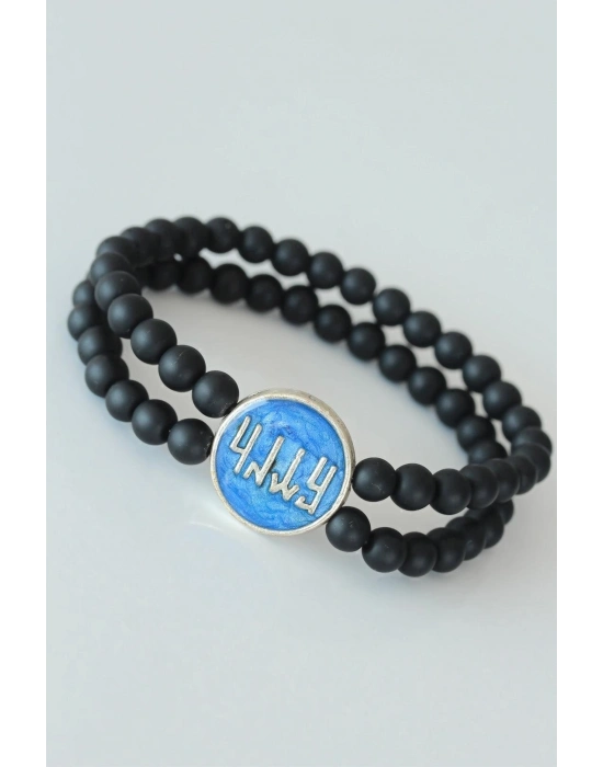 ® Vav Figürlü Lacivert Metal Aksesuarlı Çift Sıra Oniks Doğal Taş Erkek Bileklik