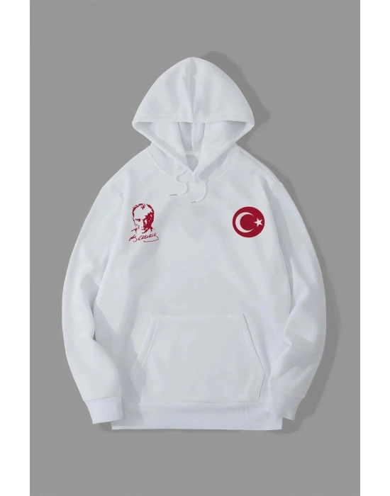 10 Kasıma Özel Üç İplik Kapüşonlu Baskılı SweatShirt - Beyaz -
