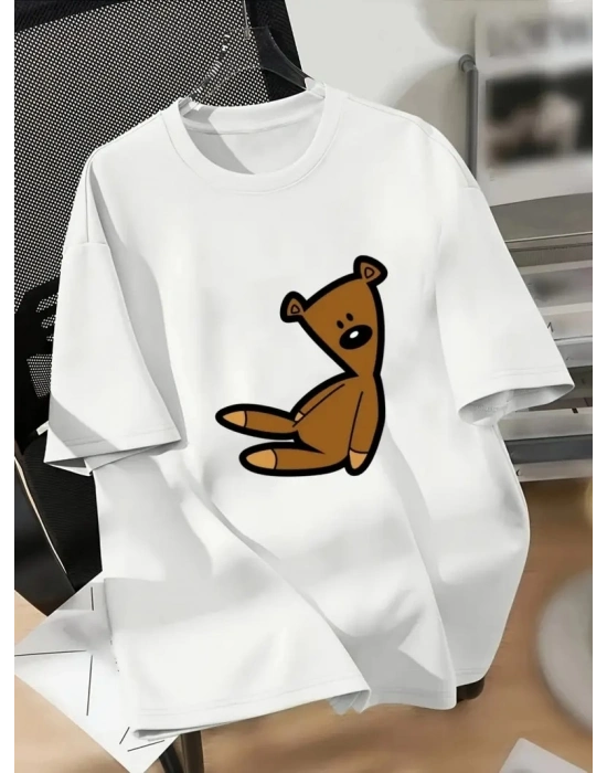 20/1 Penye Compack Ayı Baskılı Oversize Bisiklet Yaka Kısa Kol T-shirt - Beyaz -