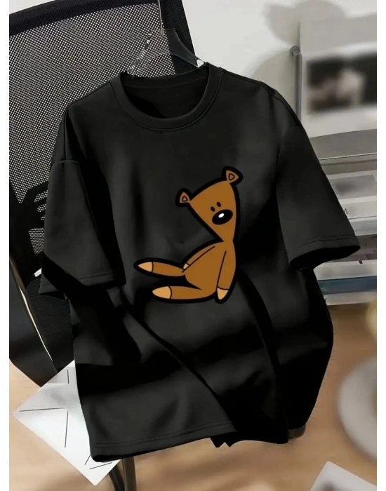 20/1 Penye Compack Ayı Baskılı Oversize Bisiklet Yaka Kısa Kol T-shirt - Siyah -