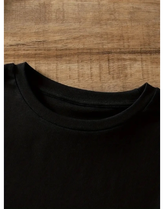 20/1 Penye Compack Ayı Baskılı Oversize Bisiklet Yaka Kısa Kol T-shirt - Siyah -