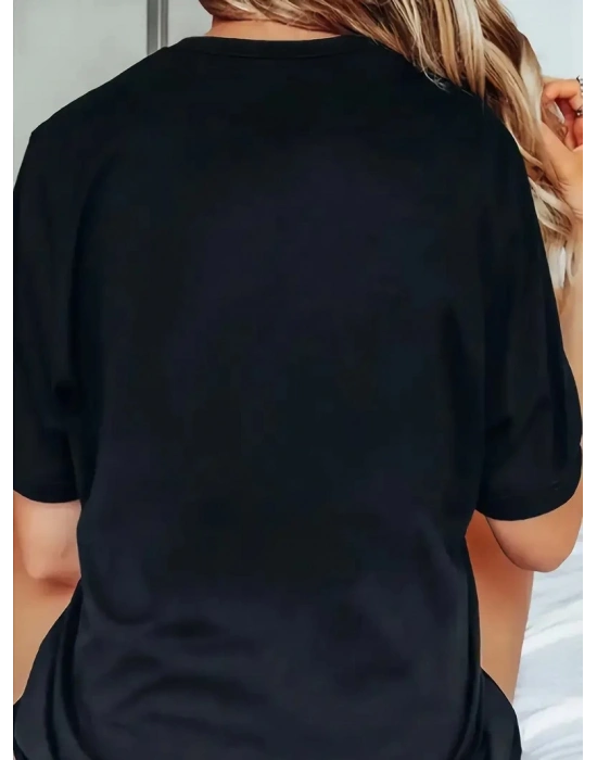 20/1 Penye Compack Baskılı Oversize Bisiklet Yaka Kısa Kol T-shirt - Siyah -