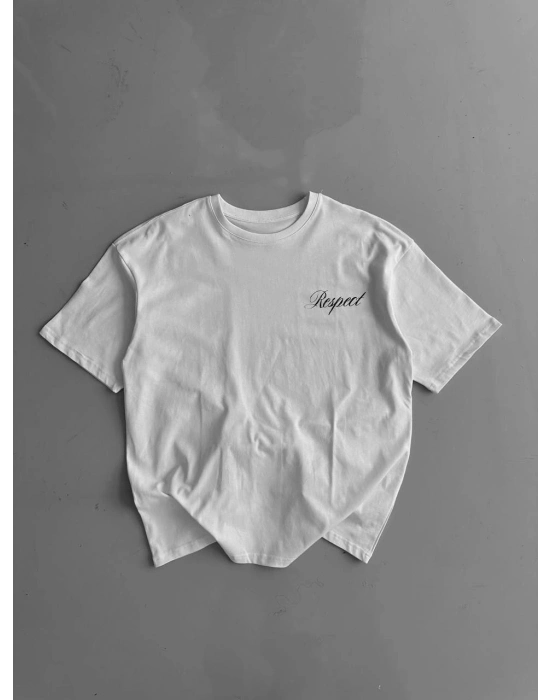 20/1 Penye Compack Baskılı Oversize Bisiklet Yaka Kısa Kol Yazlık T-shirt - Beyaz -