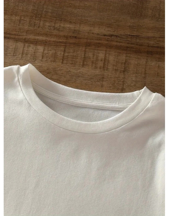 20/1 Penye Compack Baskılı Oversize Bisiklet Yaka Kısa Kol Yazlık T-shirt - Beyaz -