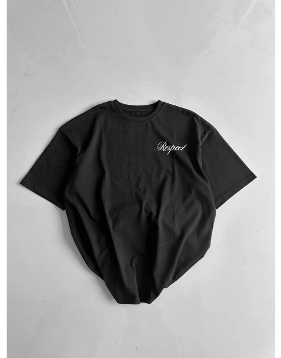 20/1 Penye Compack Baskılı Oversize Bisiklet Yaka Kısa Kol Yazlık T-shirt - Siyah -