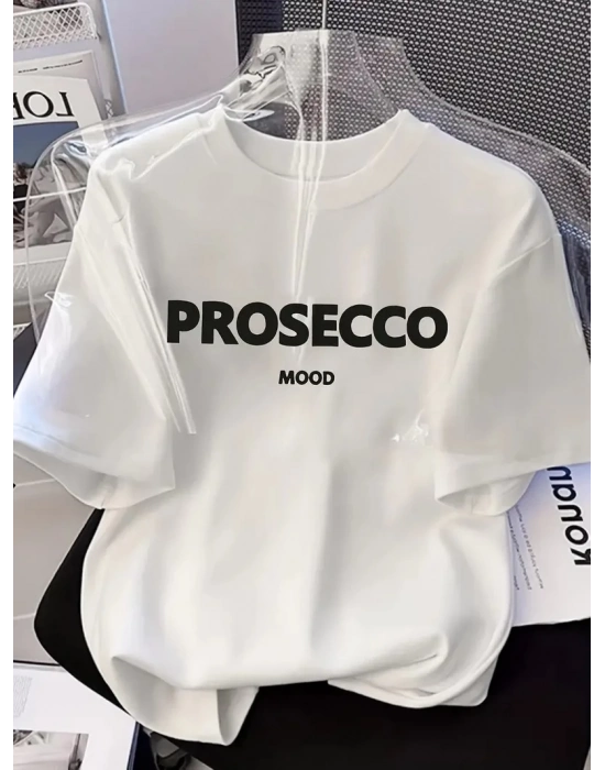 20/1 Penye Compack Baskılı Oversize Kısa Kol Bisiklet Yaka T-shirt - Beyaz -