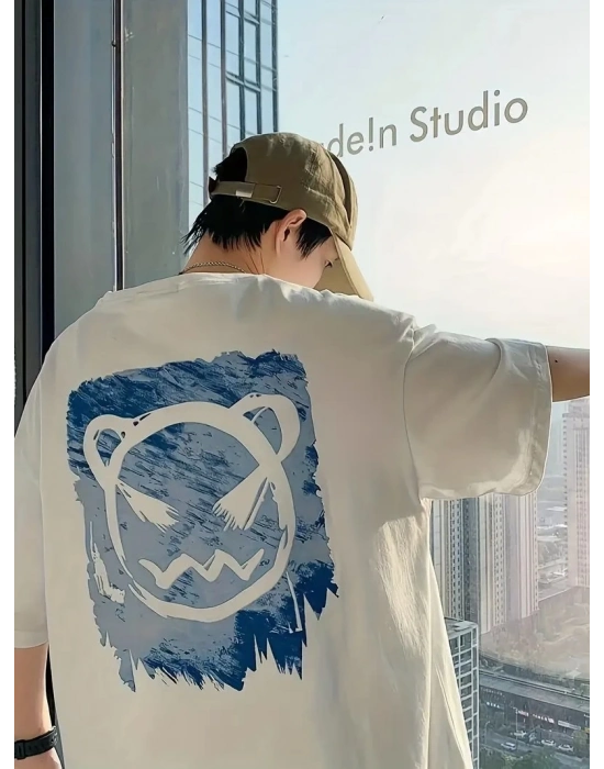 20/1 Penye Compack Bisiklet Yaka Kore tarzı sevimli ayı baskı Kısa Kol   t-shirt - Beyaz -