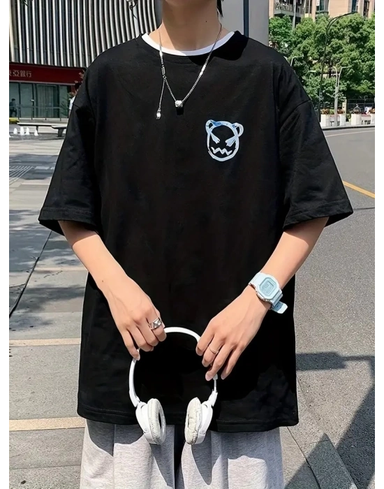 20/1 Penye Compack Bisiklet Yaka Kore tarzı sevimli ayı baskı Kısa Kol   t-shirt - Siyah -