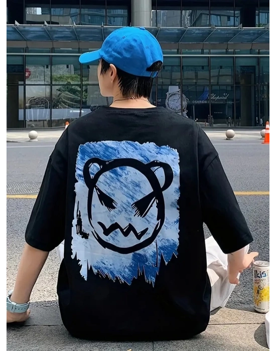 20/1 Penye Compack Bisiklet Yaka Kore tarzı sevimli ayı baskı Kısa Kol   t-shirt - Siyah -