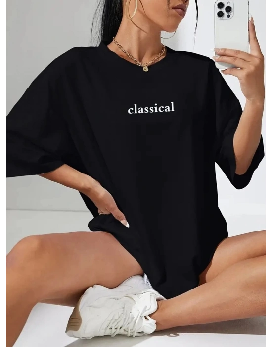 20/1 Penye Compack Classical Baskılı Siyah Oversize Tişort - Siyah -