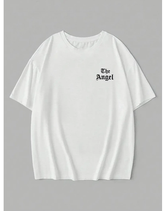 20/1 Penye Compack Dark Angel Baskılı Oversize Kısa Kol Yazlık T-shirt- Beyaz -