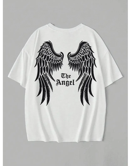20/1 Penye Compack Dark Angel Baskılı Oversize Kısa Kol Yazlık T-shirt- Beyaz -