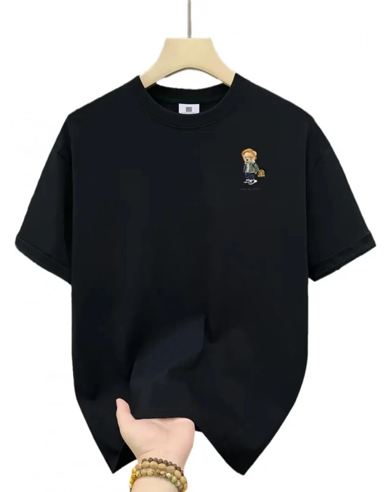 20/1 Penye Compack Gözlüklü Ayı Baskılı Oversize Bisiklet Yaka   T-shirt - Siyah -