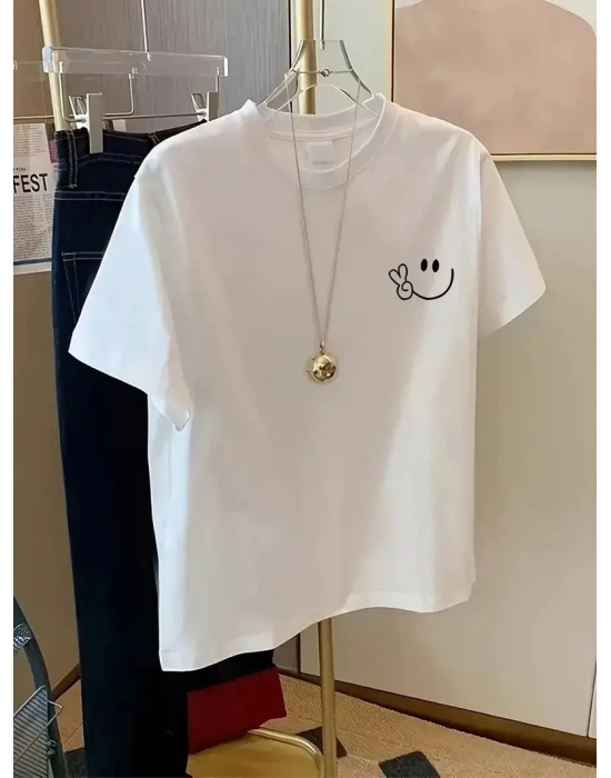 20/1 Penye Compack Gülücük Baskılı Oversize Bisiklet Yaka Kısa Kol Yazlık T-shirt - Beyaz -