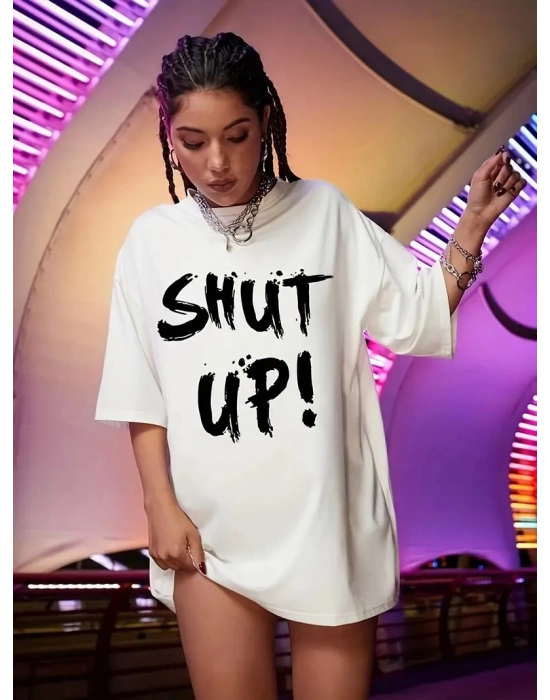 20/1 Penye Compack Oversize Beyaz Shut Up Kısa Kol Yazlık Tişört - Beyaz -