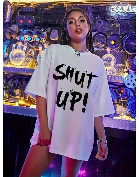 20/1 Penye Compack Oversize Beyaz Shut Up Kısa Kol Yazlık Tişört - Beyaz -