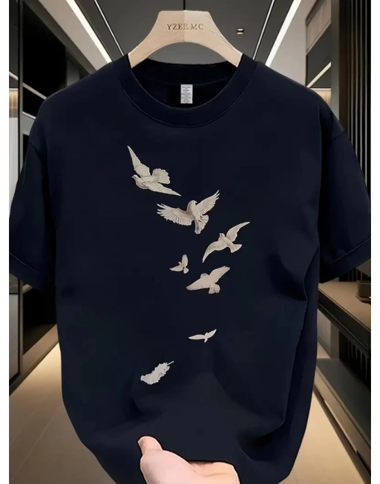 20/1 Penye Compack Özgür kuşlar Baskılı Baskılı Oversize Bisiklet Yaka T-shirt - Beyaz -