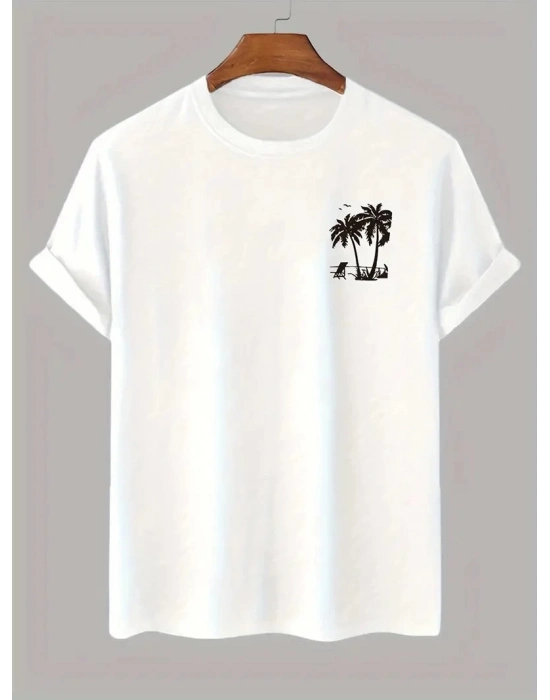 20/1 Penye Compack Palmiye Ön Baskılı Oversize Bisiklet Yaka Kısa Kol Yazlık T-shirt - Beyaz -