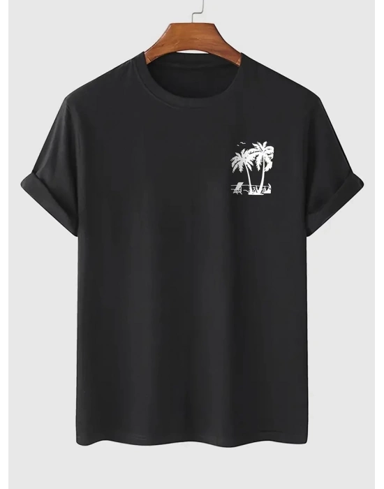 20/1 Penye Compack Palmiye Ön Baskılı Oversize Bisiklet Yaka Kısa Kol Yazlık T-shirt - Siyah -