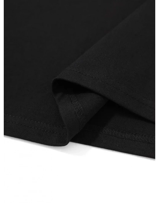 20/1 Penye Compack Palmiye Ön Baskılı Oversize Bisiklet Yaka Kısa Kol Yazlık T-shirt - Siyah -