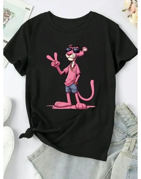 20/1 Penye Compack Pembe Panter Baskılı Oversize Bisiklet Yaka Kısa Kol Yazlık T-shirt - Beyaz -