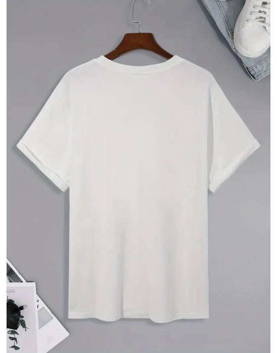 20/1 Penye Compack Uçak Baskılı Oversize Bisiklet Yaka Kısa Kol T-shirt - Beyaz -