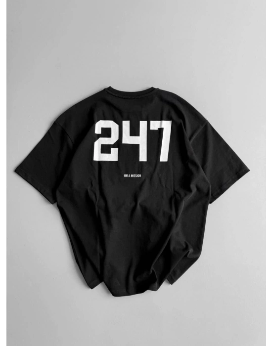 20/1 Penye CompackBaskılı Oversize Bisiklet Yaka Kısa Kol Yazlık T-shirt - Siyah -