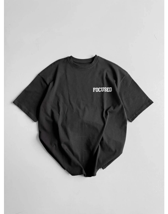 20/1 Penye CompackBaskılı Oversize Bisiklet Yaka Kısa Kol Yazlık T-shirt - Siyah -