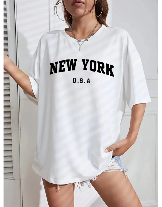 20/1 Penye CompackNew York Baskılı Oversize Kısa Kol Bisiklet Yaka T-shirt - Beyaz -