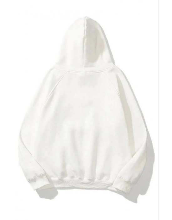 3 İplik Pamuklu   Kapşonlu Sweetshirt - Beyaz -