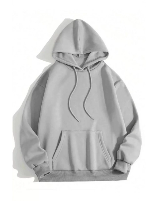 3 İplik Pamuklu   Kapşonlu Sweetshirt - Gri -