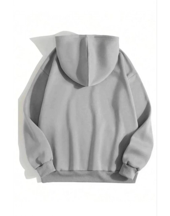 3 İplik Pamuklu   Kapşonlu Sweetshirt - Gri -