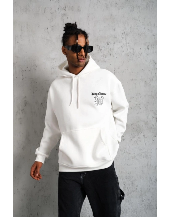 98 Baskılı Kapşonlu Sweat - Beyaz -