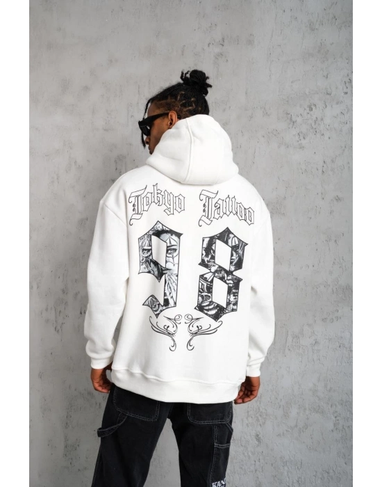98 Baskılı Kapşonlu Sweat - Beyaz -