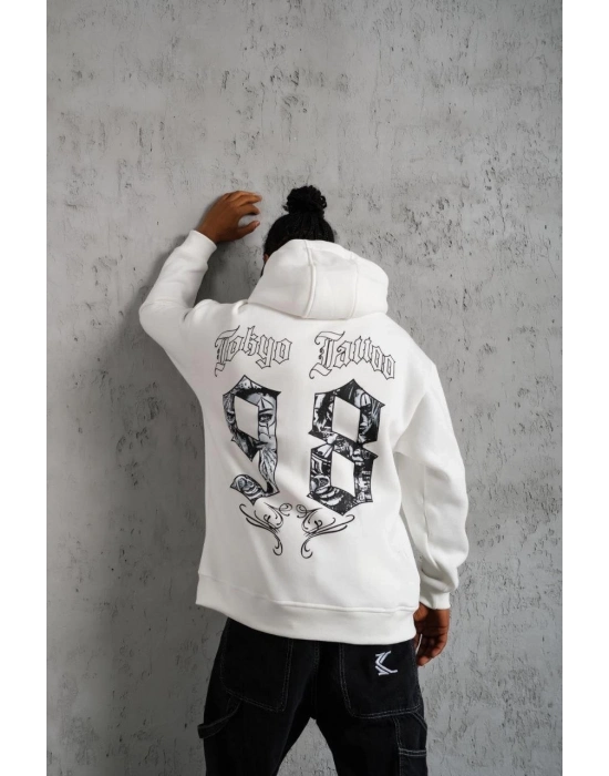 98 Baskılı Kapşonlu Sweat - Beyaz -