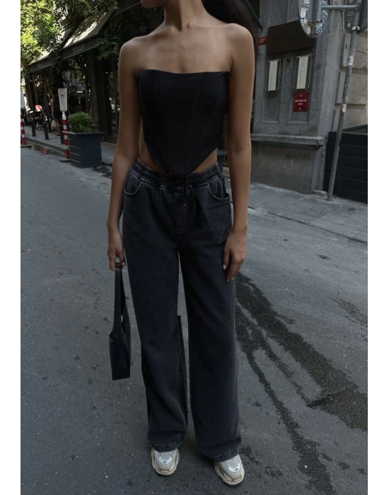 Arkadan Yırtmaçlı Jeans Kot Palazzo Pantolon - Siyah -