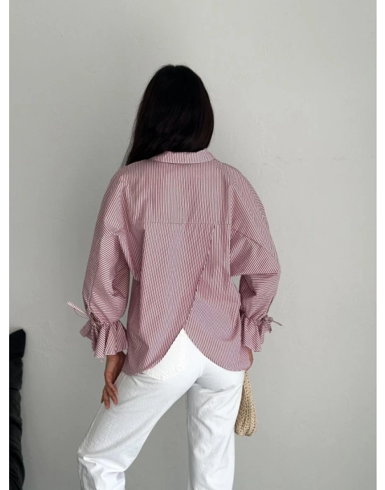 Arkası Asimetrik Yırtmaç Kesim Detaylı Cizgili Bluz Gömlek - Bordo -