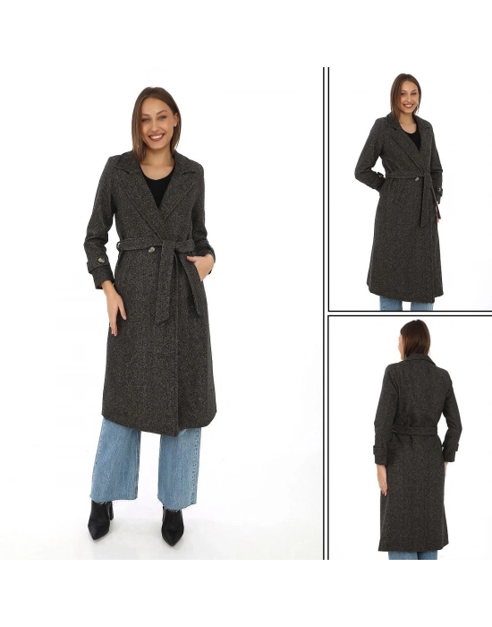 Astarlı Balık Sırtı Kaşmir Kaşe Kaban - Kahverengi -