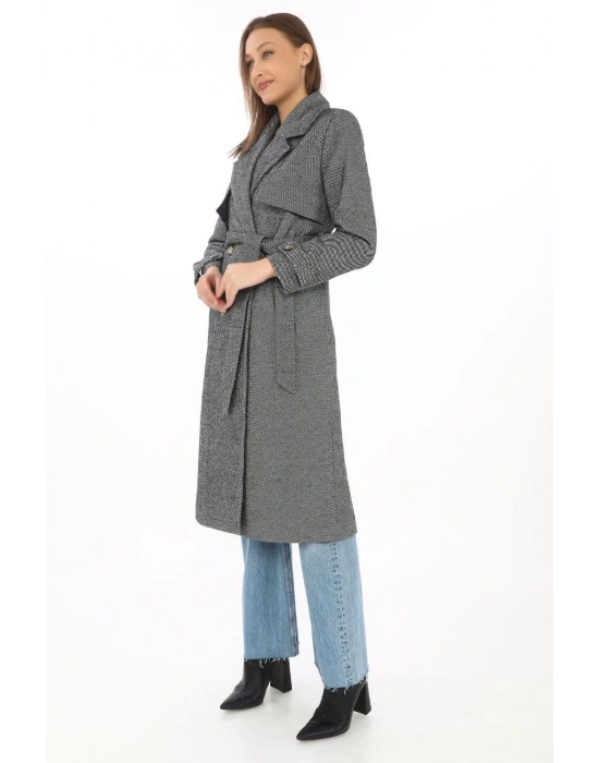 Balık Sırtı Kaşmir Uzun Kaşe Kaban - Boyalı Gri -