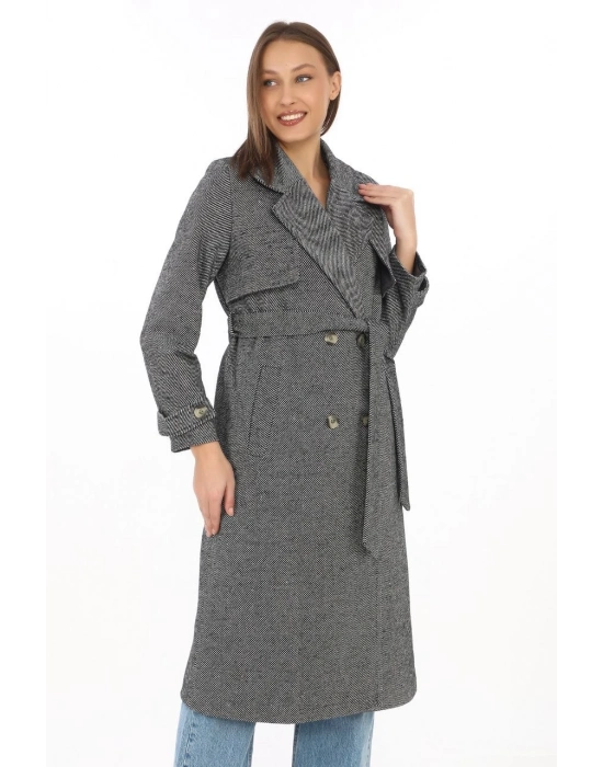 Balık Sırtı Kaşmir Uzun Kaşe Kaban - Boyalı Gri -