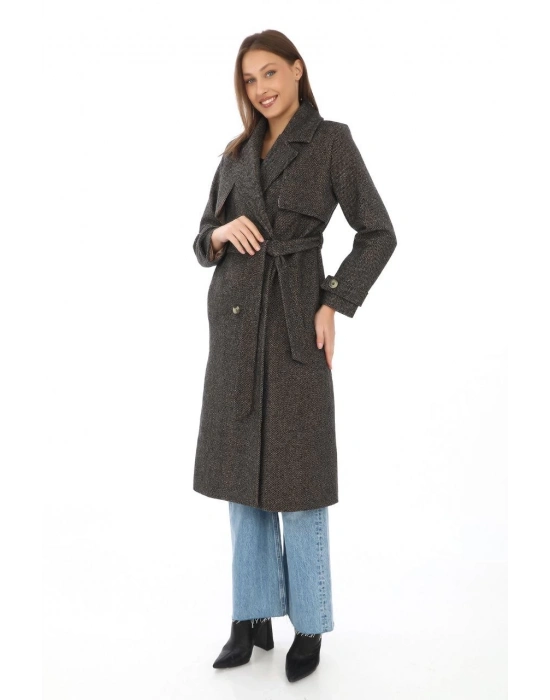 Balık Sırtı Kaşmir Uzun Kaşe Kaban - Kahverengi -