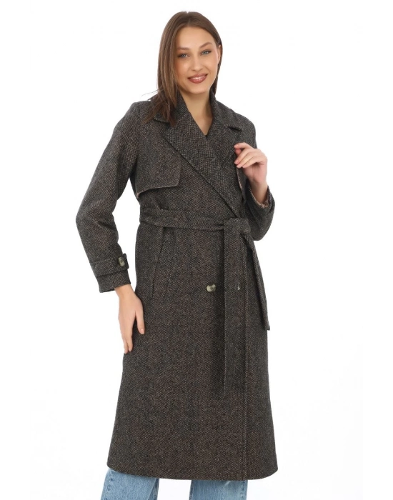 Balık Sırtı Kaşmir Uzun Kaşe Kaban - Kahverengi -